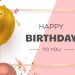 Happy Birthday holiday banner with glittering golden frame, 3d realistic glossy balloons and falling confetti. White and pink background. Vector template for greeting card, poster.