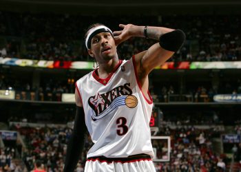 PHILADELPHIA - FEBRUARY 4:  Allen Iverson #3 of the Philadelphia 76ers signals the crowd to get loud during the game against the Atlanta Hawks on February 4, 2005 at the Wachovia Center in Philadelphia, Pennsylvania.  NOTE TO USER: User expressly acknowledges and agrees that, by downloading and/or using this Photograph, user is consenting to the terms and conditions of the Getty Images License Agreement. Mandatory Copyright Notice: Copyright 2005 NBAE (Photo by Jesse D. Garrabrant/NBAE via Getty Images)