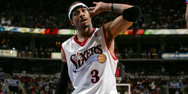 PHILADELPHIA - FEBRUARY 4:  Allen Iverson #3 of the Philadelphia 76ers signals the crowd to get loud during the game against the Atlanta Hawks on February 4, 2005 at the Wachovia Center in Philadelphia, Pennsylvania.  NOTE TO USER: User expressly acknowledges and agrees that, by downloading and/or using this Photograph, user is consenting to the terms and conditions of the Getty Images License Agreement. Mandatory Copyright Notice: Copyright 2005 NBAE (Photo by Jesse D. Garrabrant/NBAE via Getty Images)