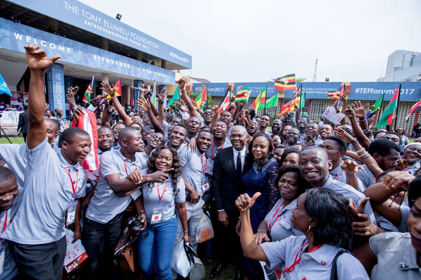 Heirs holdings Chairman, Tony Elumelu and Dr Awele Elumelu surrounded by African entrepreneurs at the 2017 TEF Forum