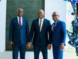 Tony Elumelu with Niyi Onifade, MD/CEO of Heirs Life and Wole Fayemi, MD/CEO of Heirs General Insurance